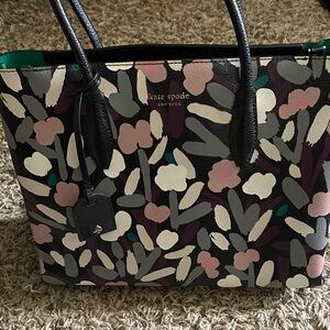 kate spade Black Floral Print Leather Tote with Pink and Cream Accents